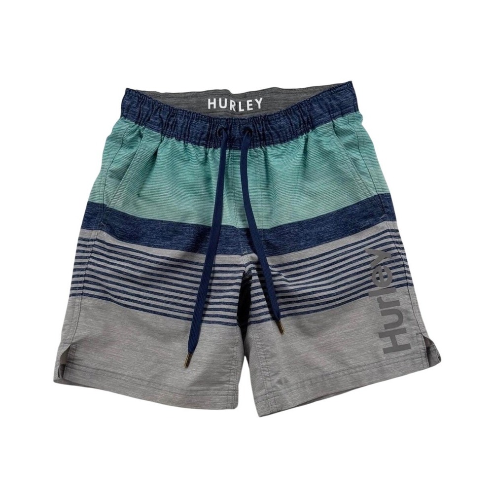 Hurley Board Shorts Men Small Teal Navy Grey Excellent Striped Swim Trunks